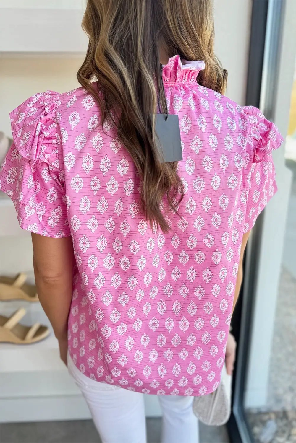 Grateful Threads Boutique Pink Vintage Floral Ruffled Split Neck Short Sleeve Blouse - Blouses Pink Vintage Floral Ruffled Split Neck Short Sleeve Blouse