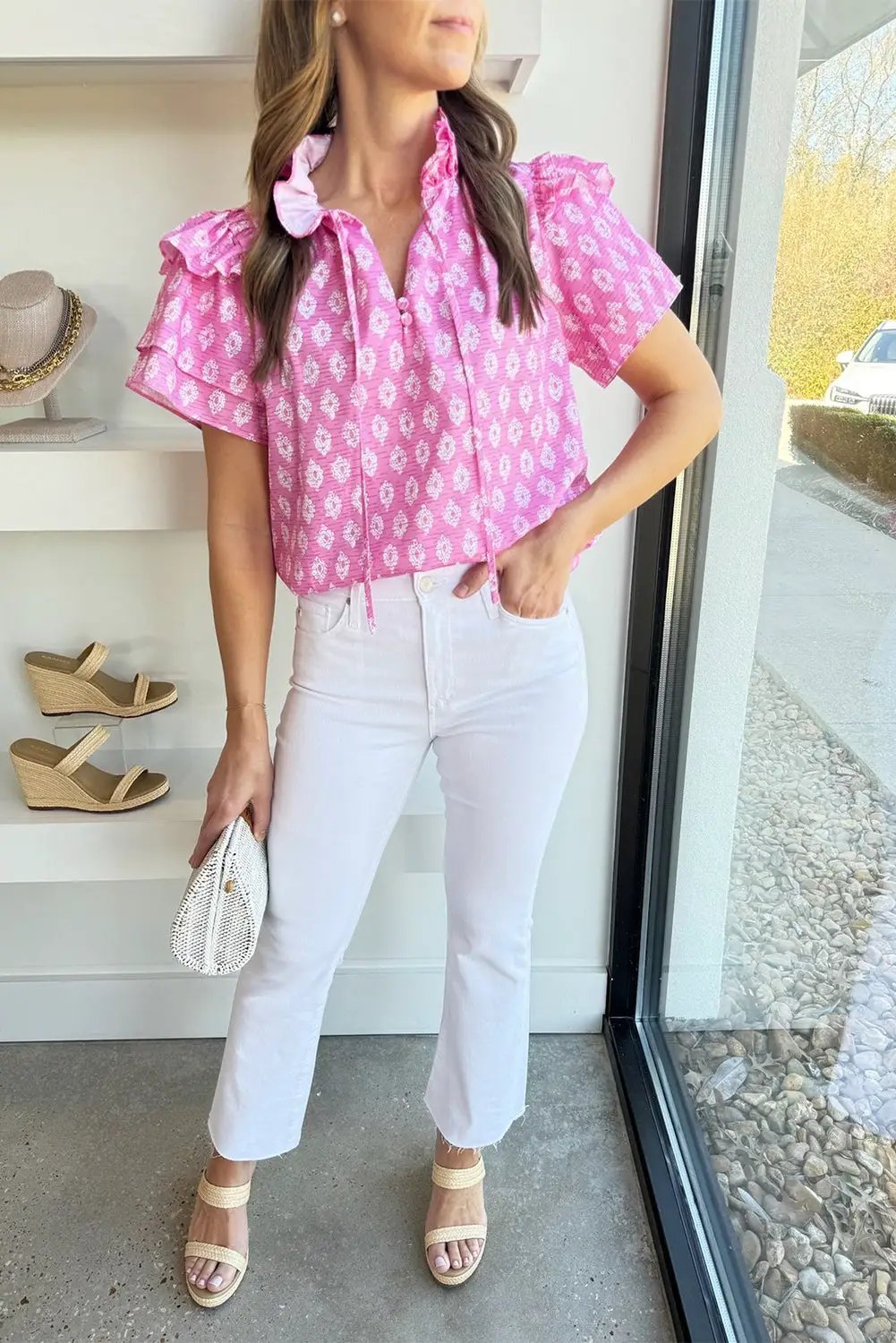 Grateful Threads Boutique Pink Vintage Floral Ruffled Split Neck Short Sleeve Blouse - Blouses Pink Vintage Floral Ruffled Split Neck Short Sleeve Blouse