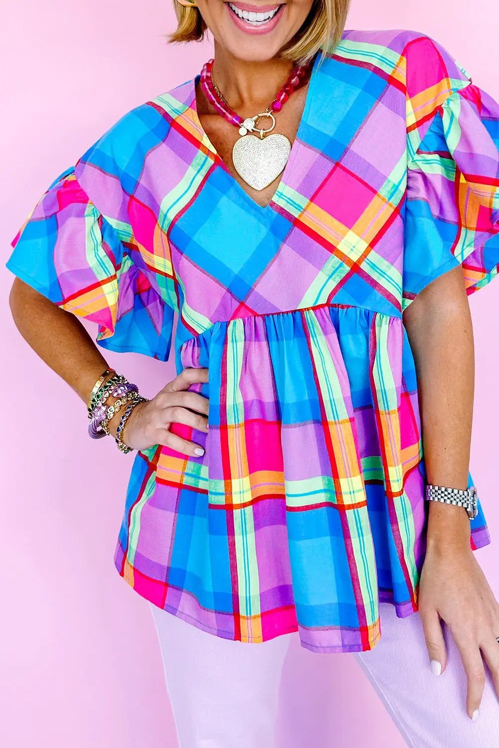Grateful Threads Boutique Plaid Ruffled Babydoll Top - Clothing Tops