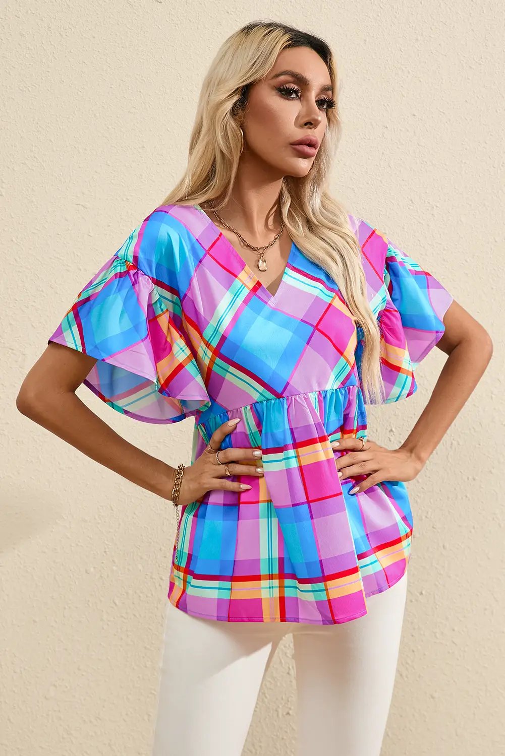 Grateful Threads Boutique Plaid Ruffled Babydoll Top - Clothing Tops