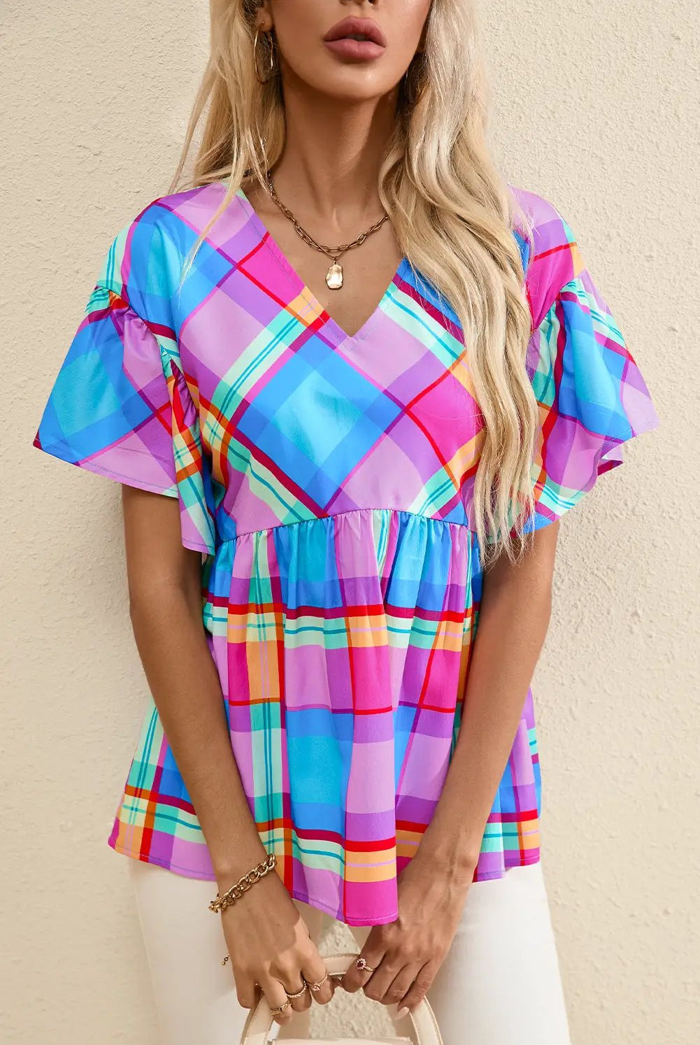 Grateful Threads Boutique Plaid Ruffled Babydoll Top - Clothing Tops