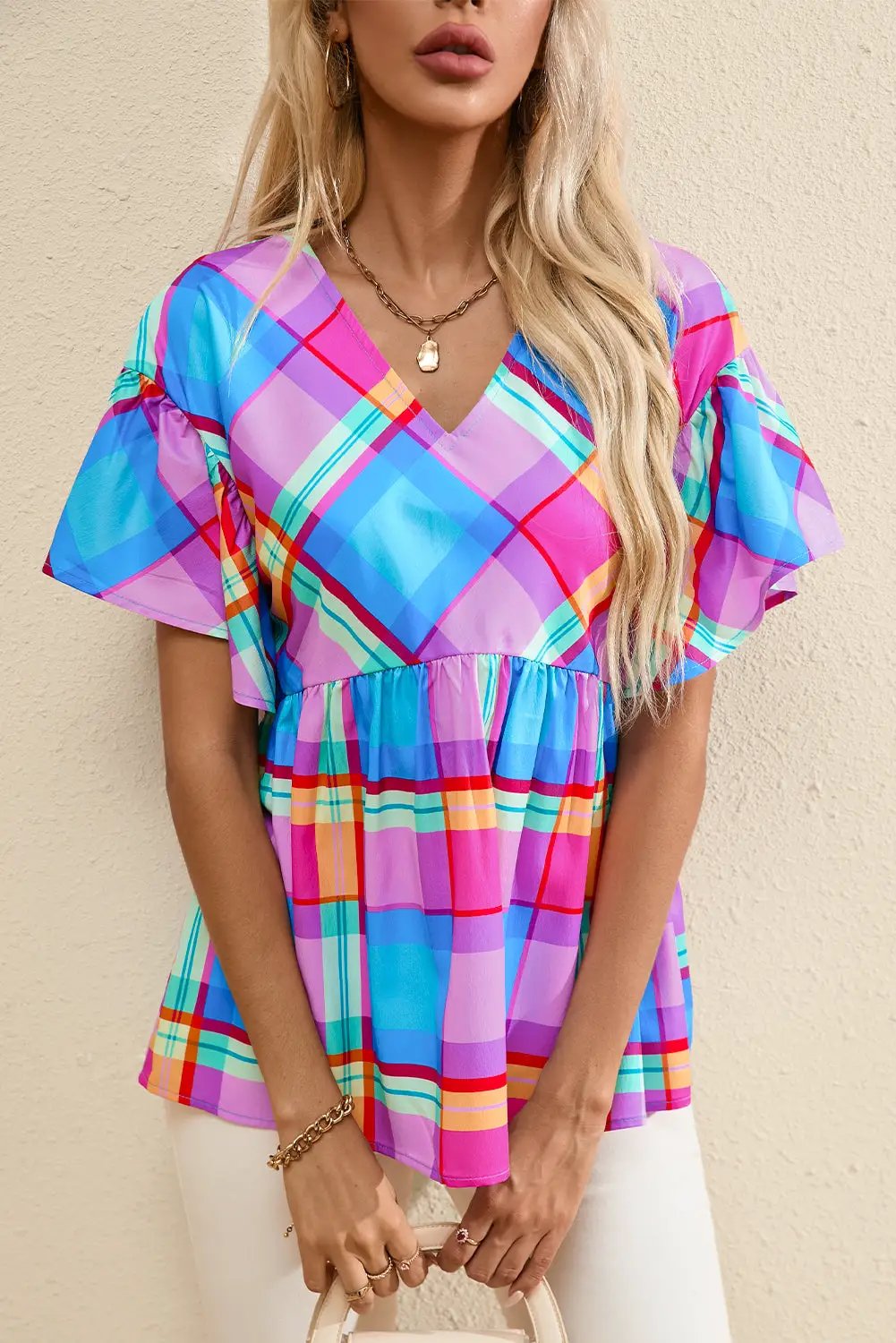 Grateful Threads Boutique Plaid Ruffled Babydoll Top - Clothing Tops