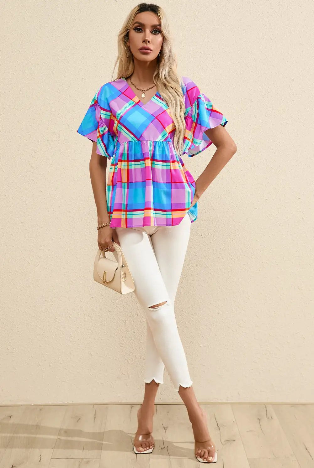 Grateful Threads Boutique Plaid Ruffled Babydoll Top - Clothing Tops