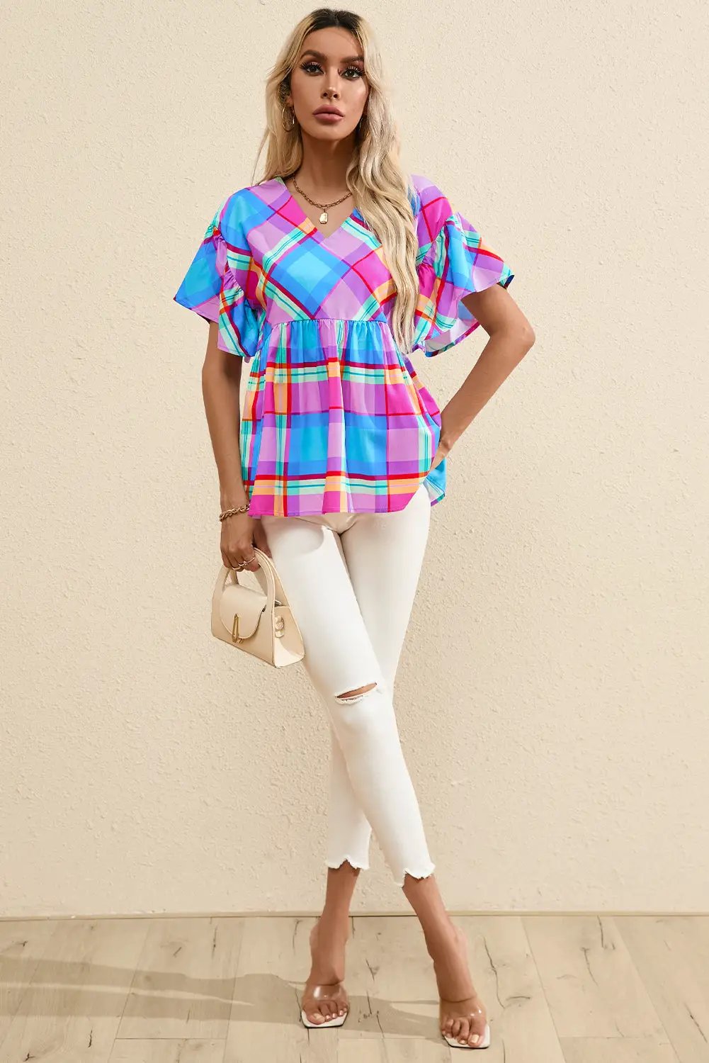 Grateful Threads Boutique Plaid Ruffled Babydoll Top - Clothing Tops