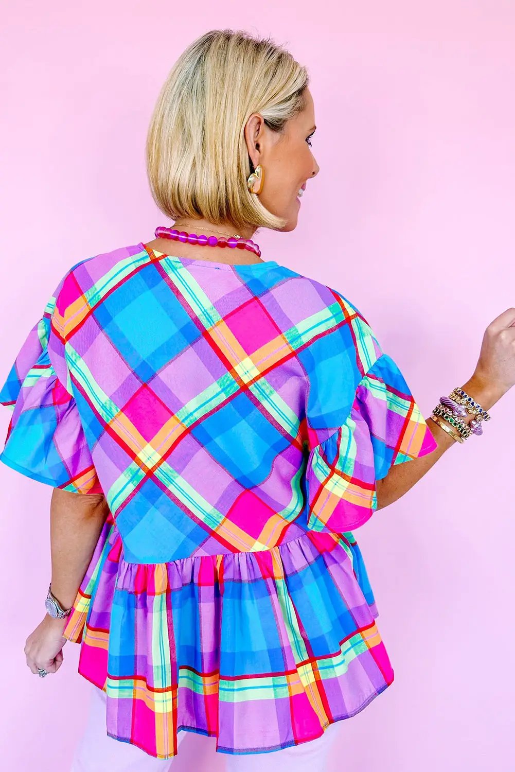 Grateful Threads Boutique Plaid Ruffled Babydoll Top - Clothing Tops