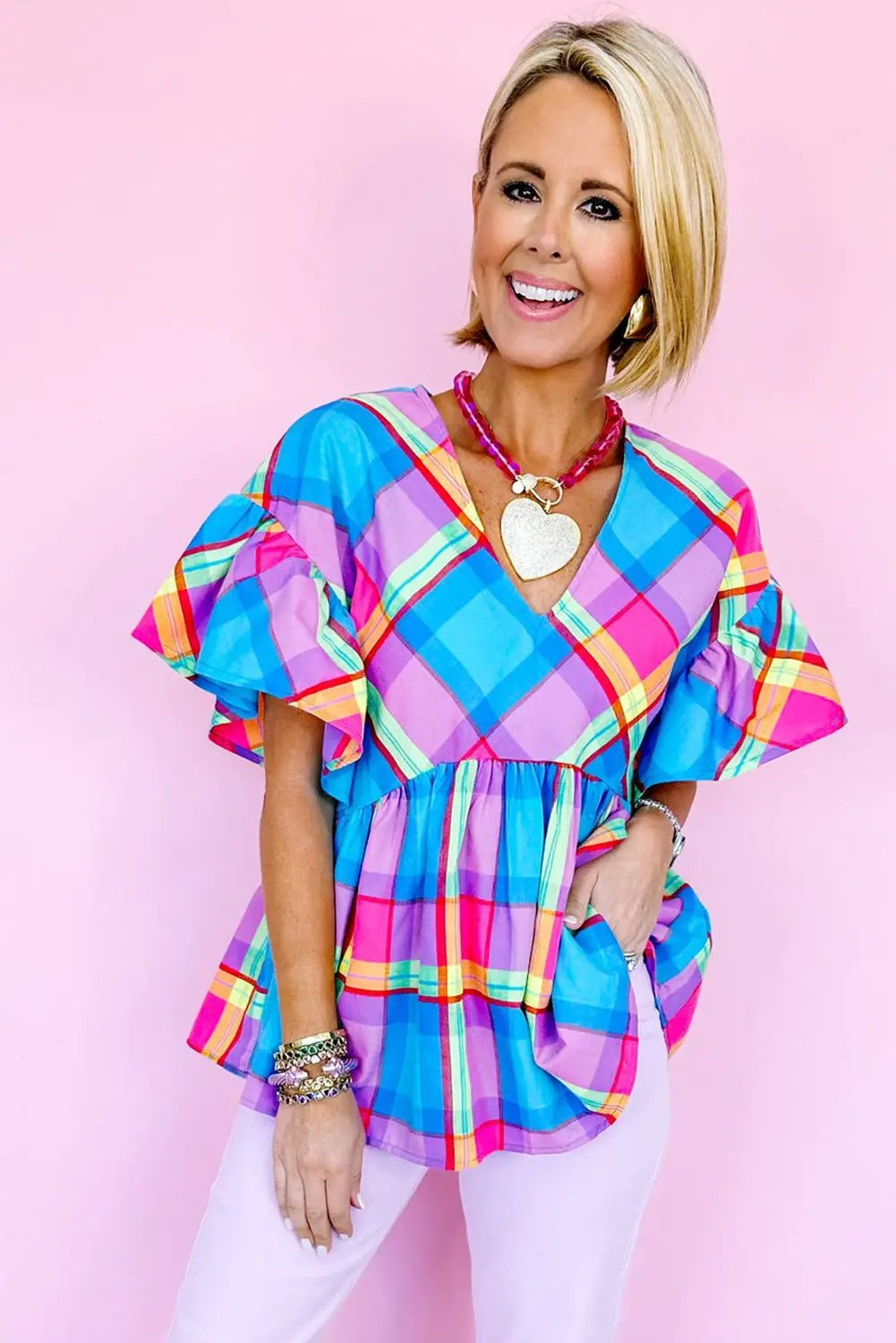 Grateful Threads Boutique Plaid Ruffled Babydoll Top - Clothing Tops