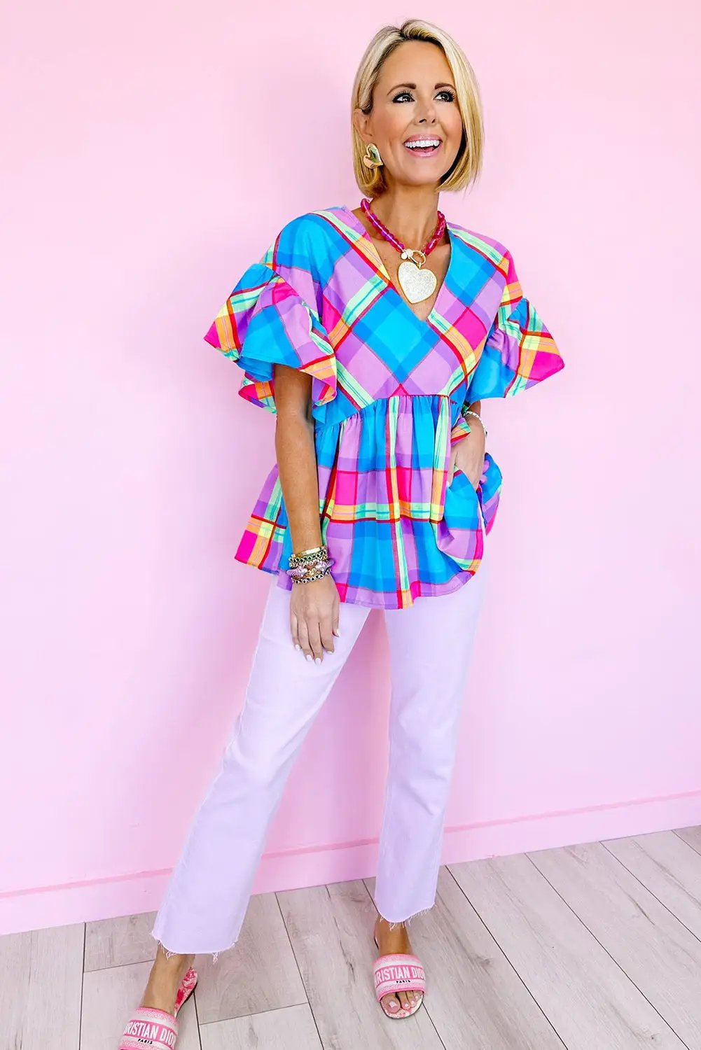 Grateful Threads Boutique Plaid Ruffled Babydoll Top - Clothing Tops