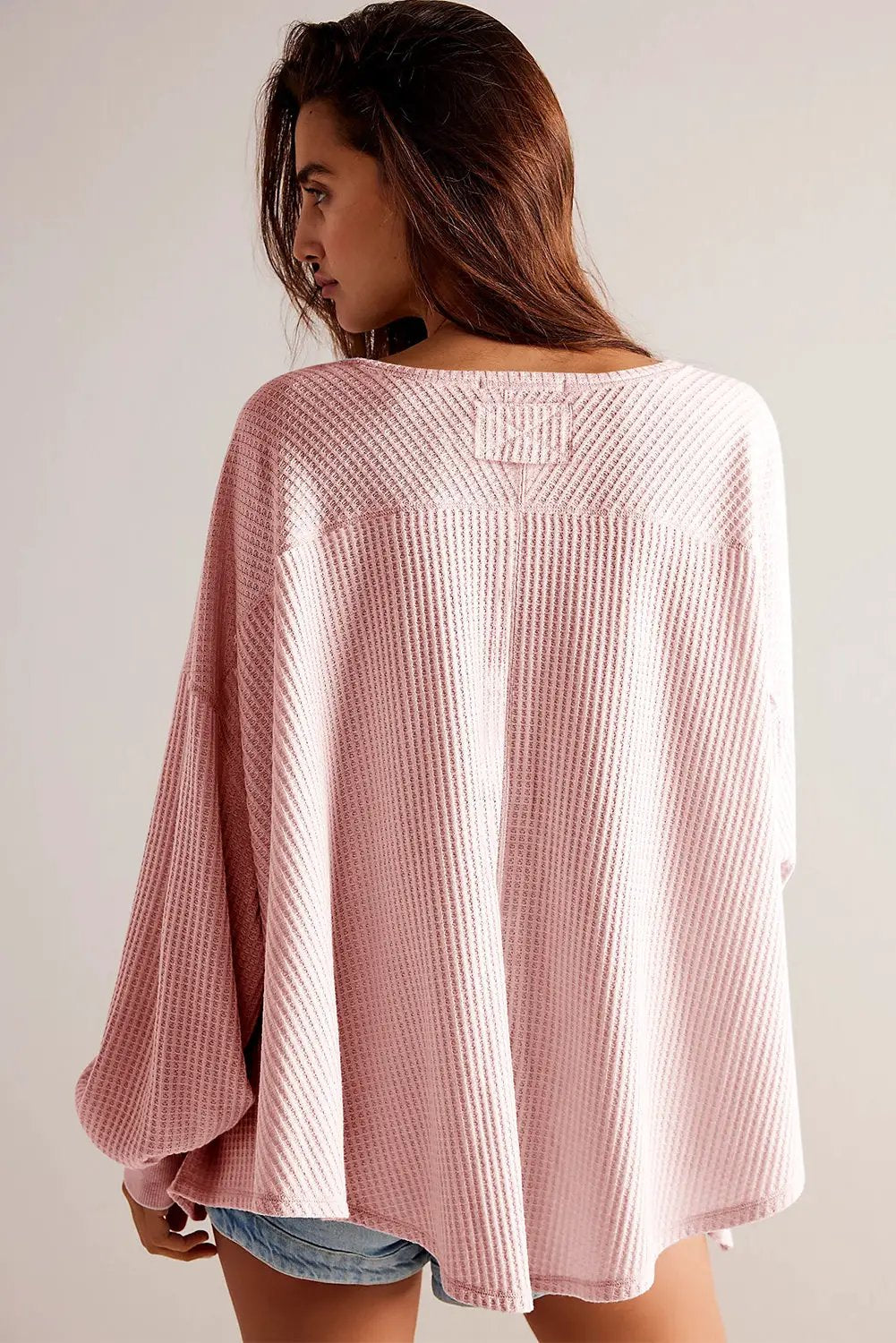 Grateful Threads Boutique Pink Waffle V-Neck Drop Shoulder Blouse - Blouses