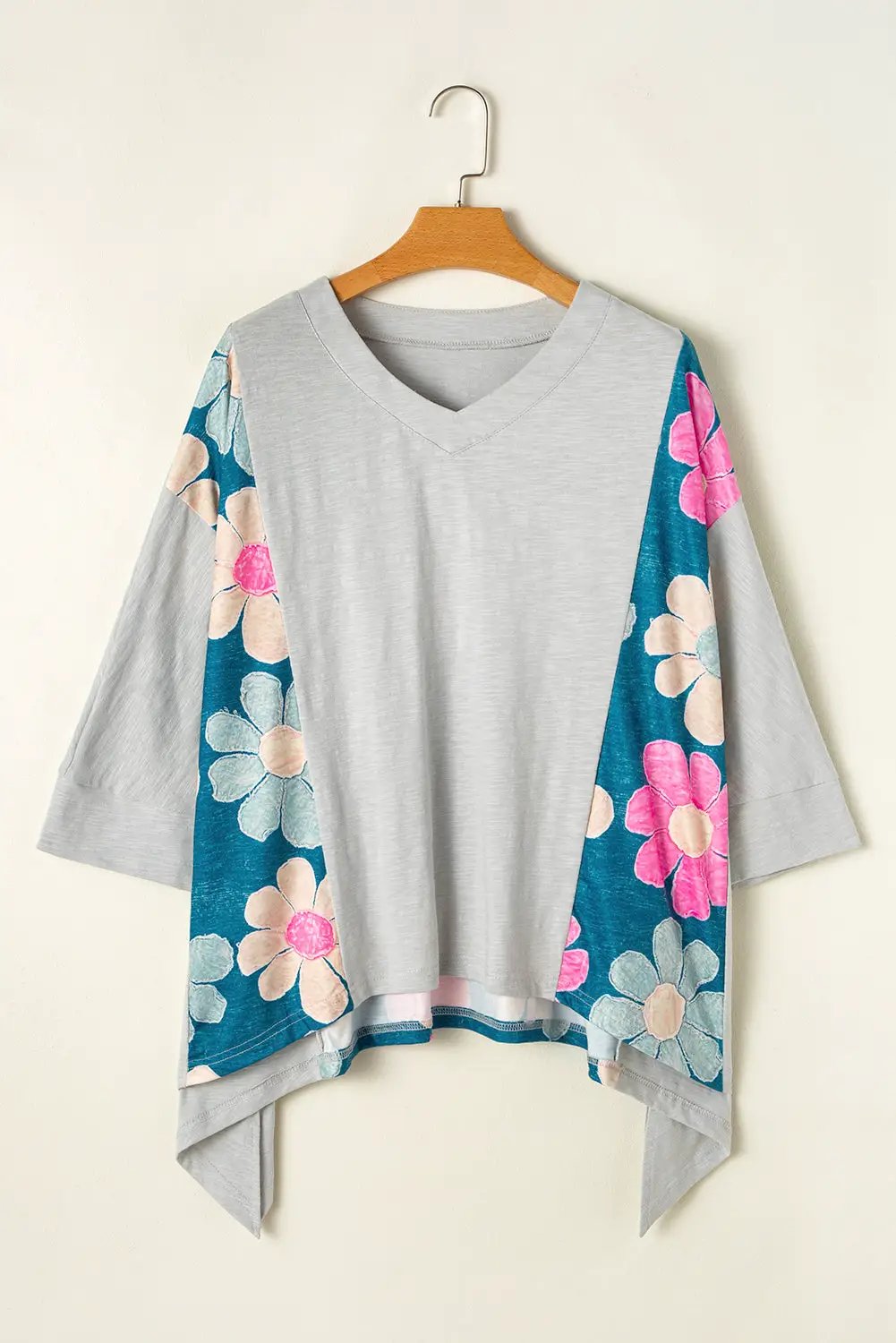 Grateful Threads Boutique Green Flower Patchwork Exposed Seam Oversized High Low Top - Shirts Green Flower Patchwork Exposed Seam Oversized High Low Top