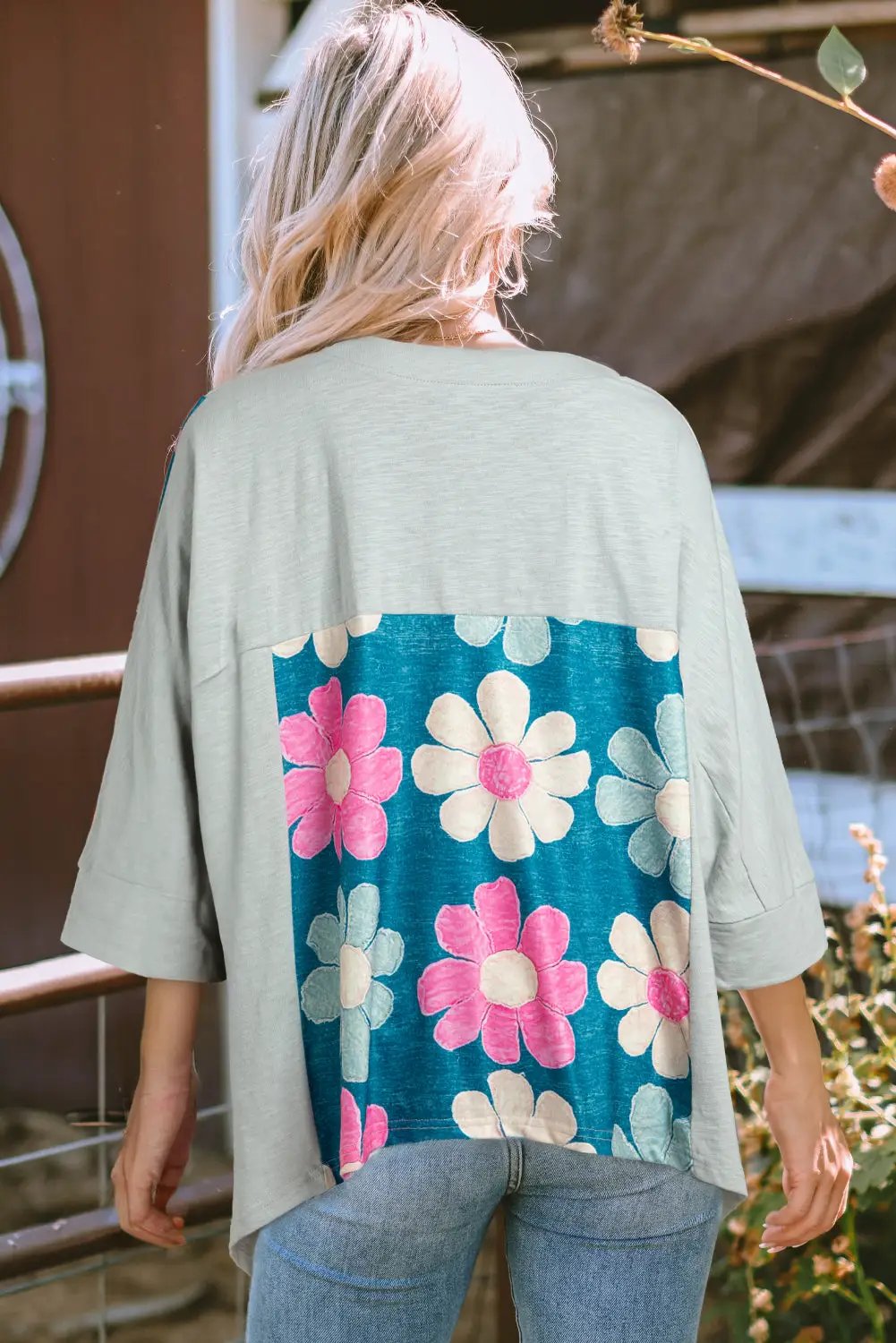 Grateful Threads Boutique Green Flower Patchwork Exposed Seam Oversized High Low Top - Shirts Green Flower Patchwork Exposed Seam Oversized High Low Top