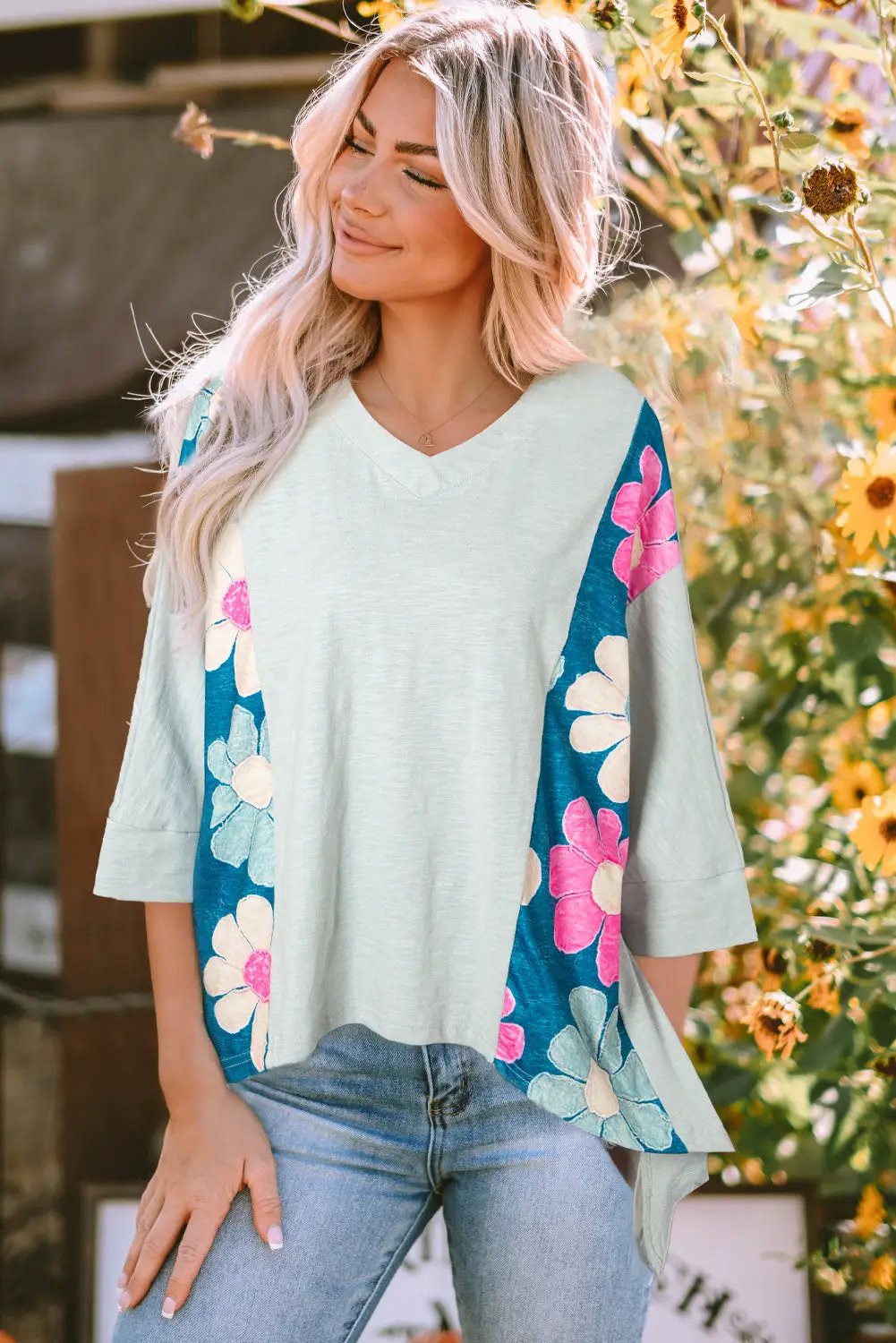 Grateful Threads Boutique Green Flower Patchwork Exposed Seam Oversized High Low Top - Shirts Green Flower Patchwork Exposed Seam Oversized High Low Top
