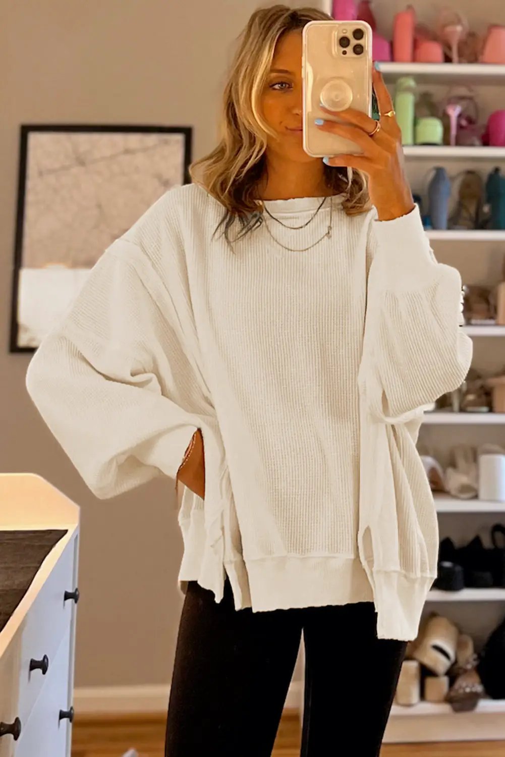 Grateful Threads Boutique Cream Waffle Oversized Top - Sweaters