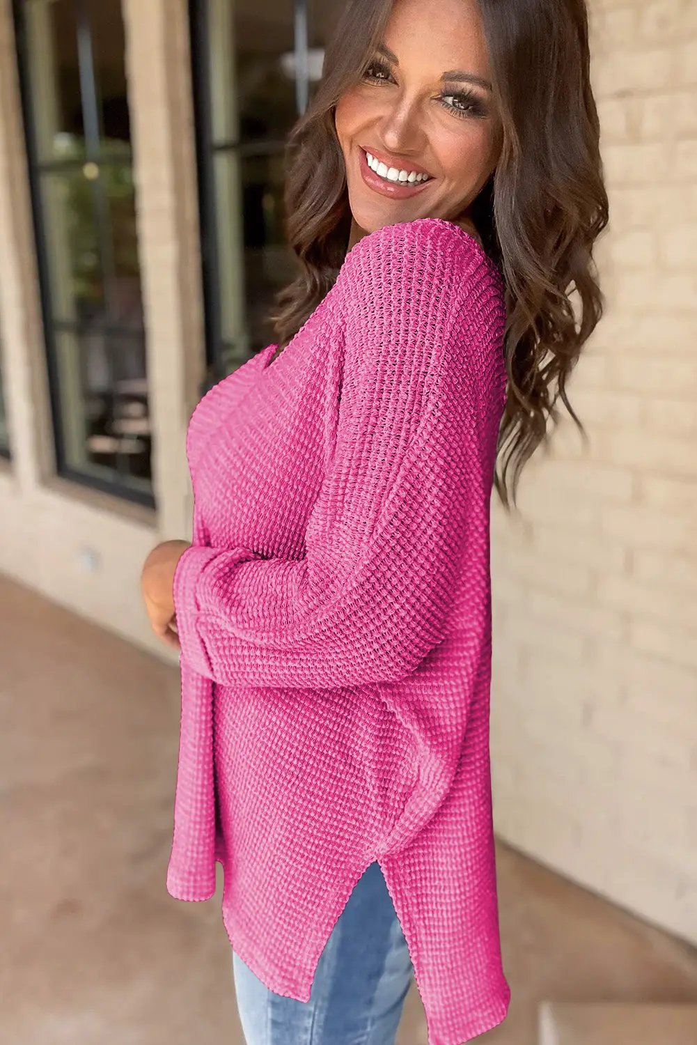 Grateful Threads Boutique Rose Waffle Knit Side Slits V Neck Top - Shirts