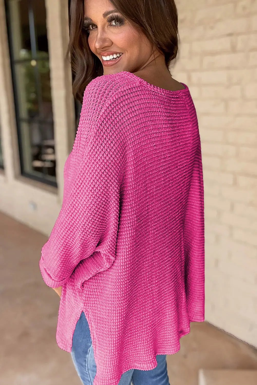 Grateful Threads Boutique Rose Waffle Knit Side Slits V Neck Top - Shirts