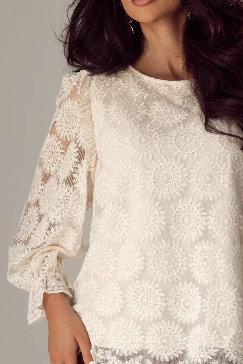 Grateful Threads Boutique Flower Jacquard Button Back Ruffled Sleeve Blouse - Blouses