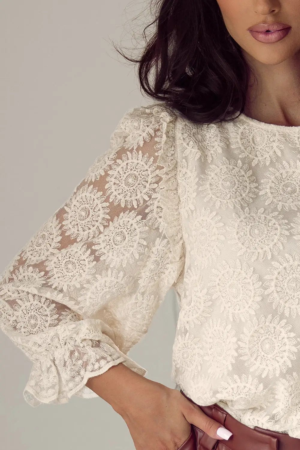 Grateful Threads Boutique Flower Jacquard Button Back Ruffled Sleeve Blouse - Blouses