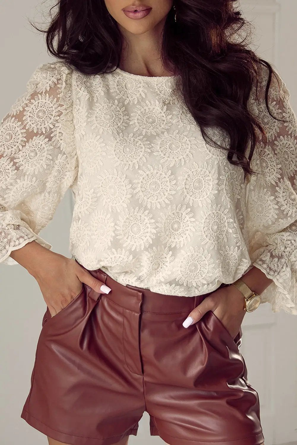 Grateful Threads Boutique Flower Jacquard Button Back Ruffled Sleeve Blouse - Blouses