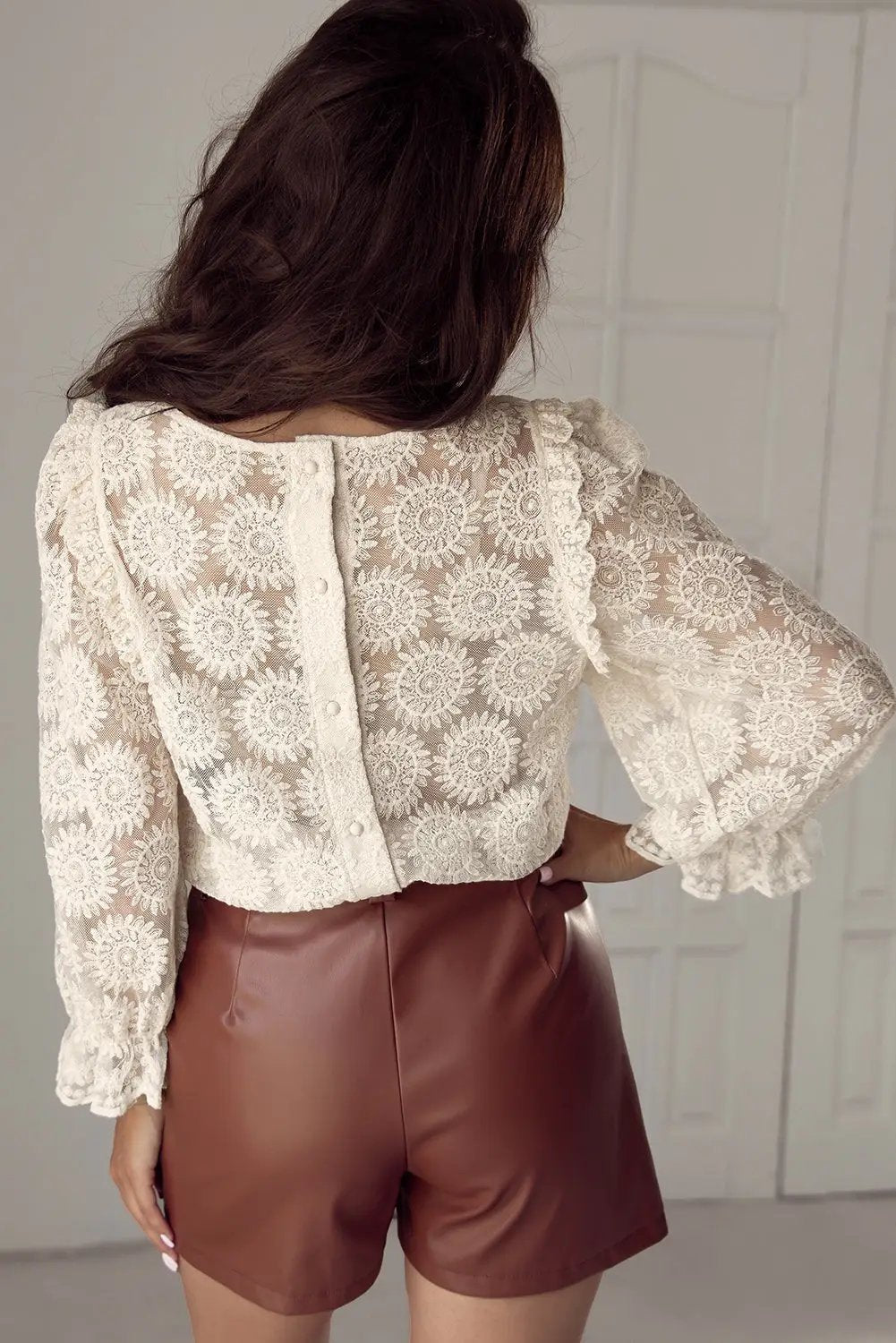 Grateful Threads Boutique Flower Jacquard Button Back Ruffled Sleeve Blouse - Blouses