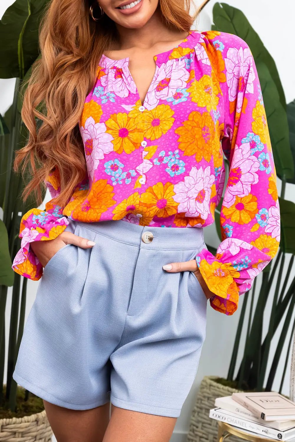 Grateful Threads Boutique Rose Floral Flounce Sleeve Blouse - Blouses
