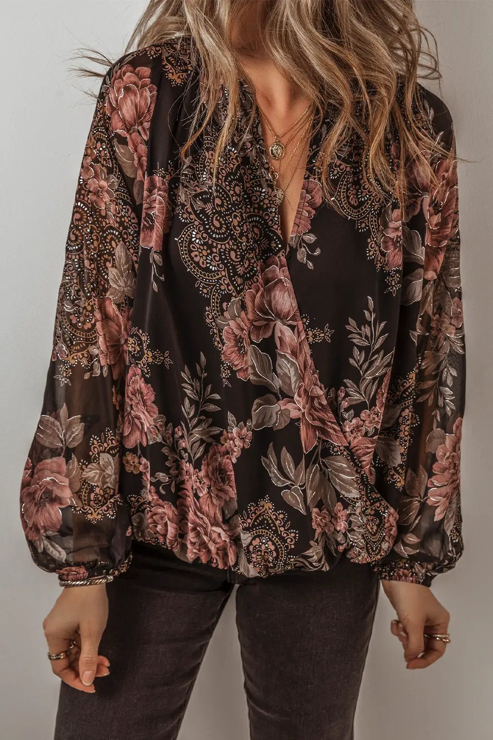 Grateful Threads Boutique Black Floral Criss Cross Blouse - Blouses