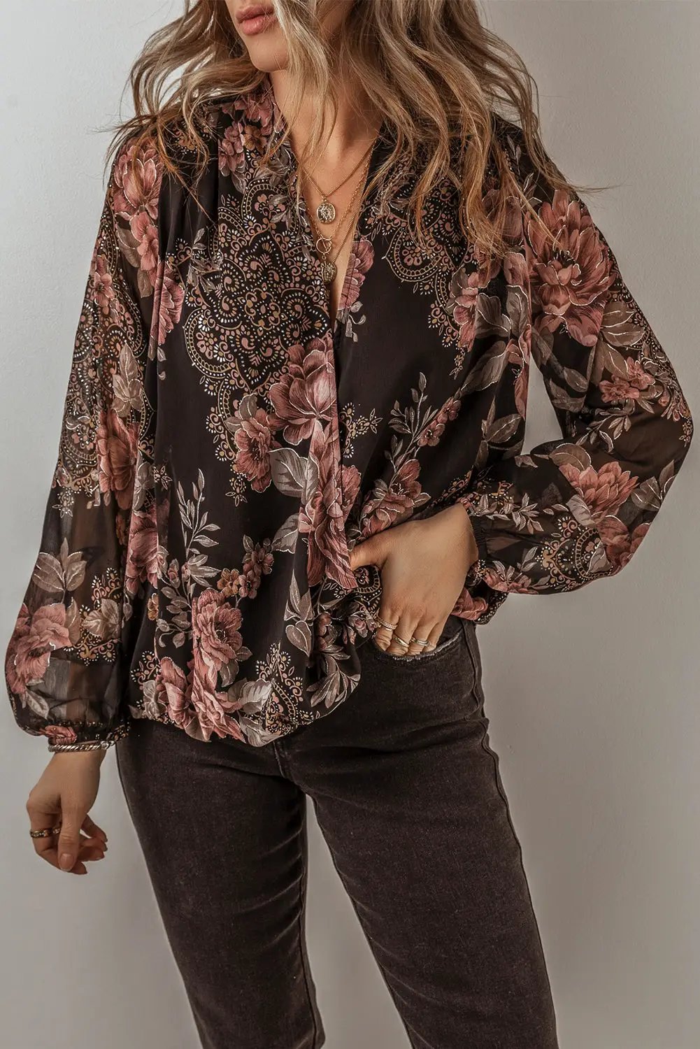 Grateful Threads Boutique Black Floral Criss Cross Blouse - Blouses