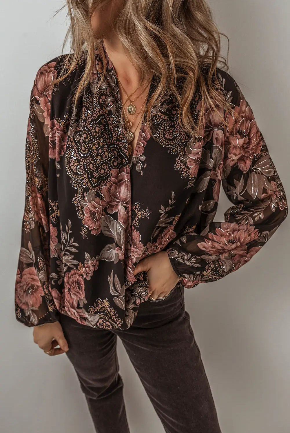 Grateful Threads Boutique Black Floral Criss Cross Blouse - Blouses