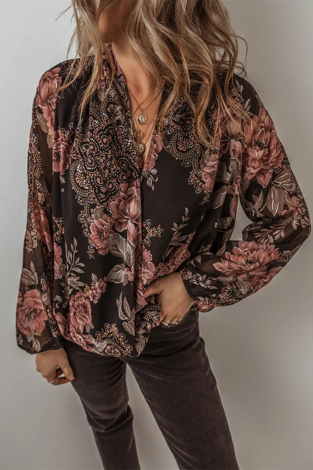 Grateful Threads Boutique Black Floral Criss Cross Blouse - Blouses
