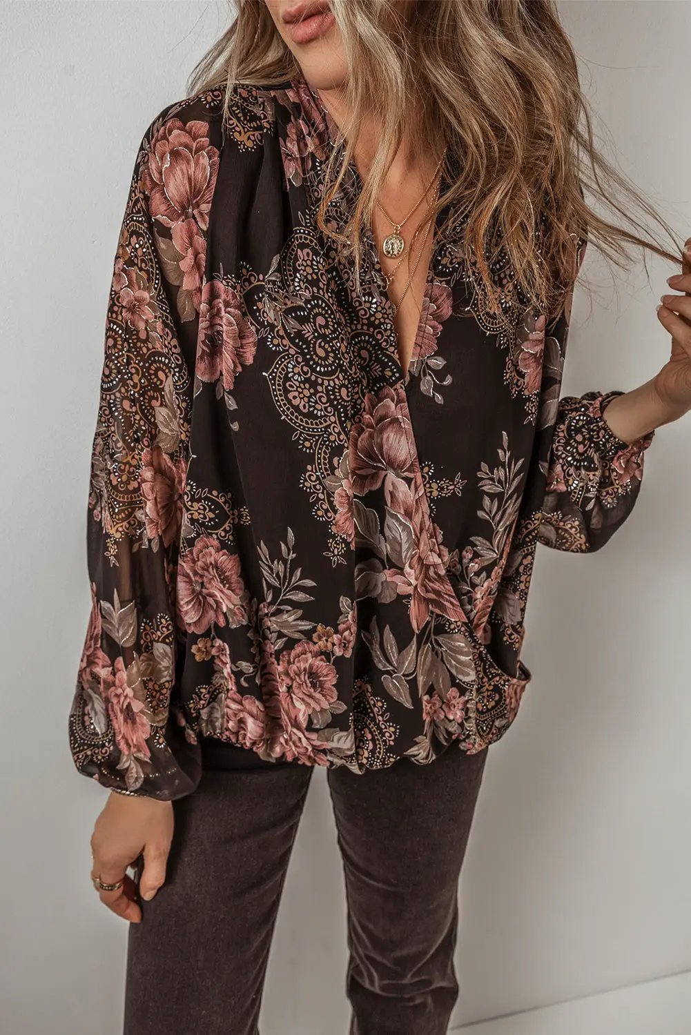 Grateful Threads Boutique Black Floral Criss Cross Blouse - Blouses