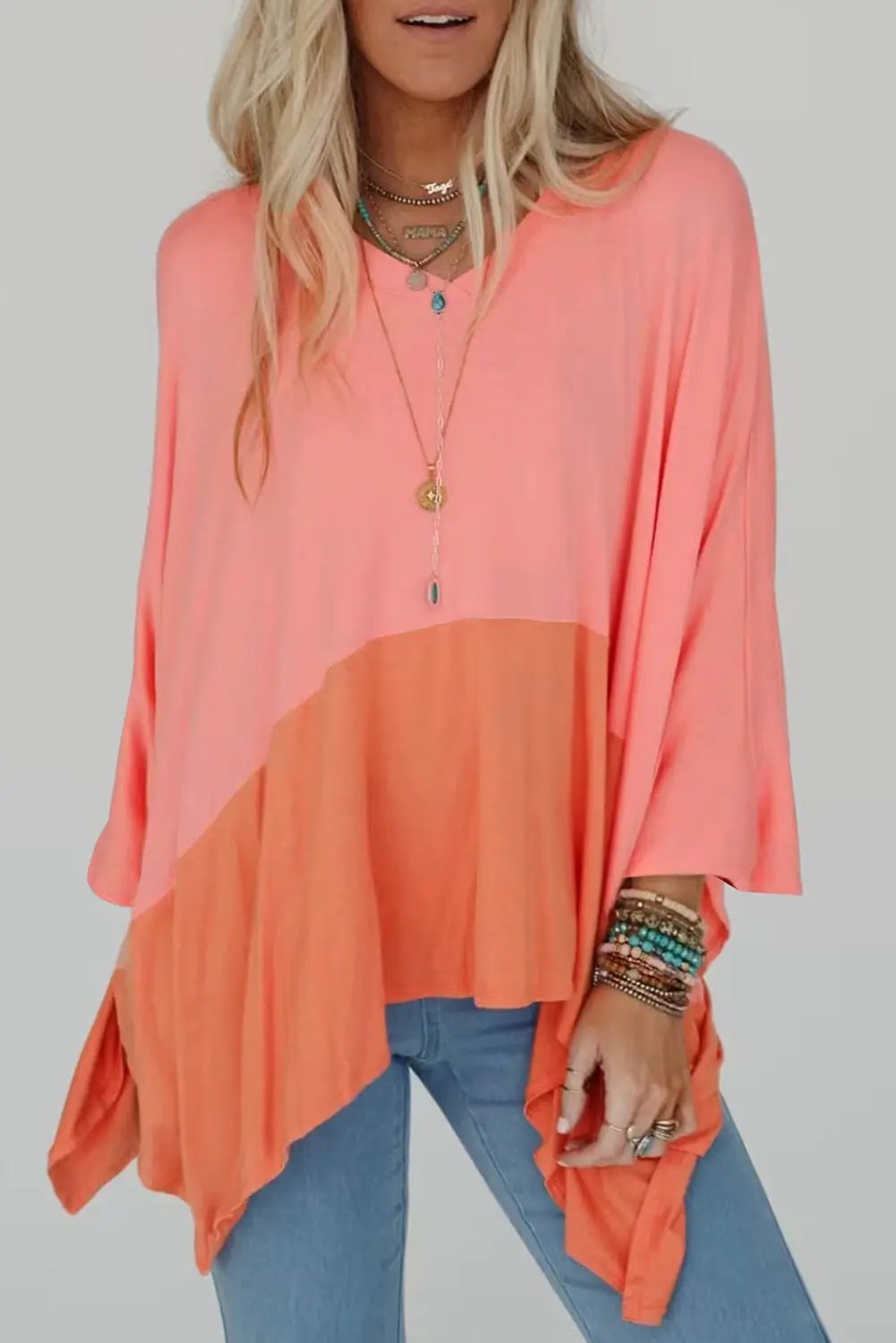 Grateful Threads Boutique Grapefruit Orange Contrast Color Patchwork Oversized Side Split Top - Clothing Tops