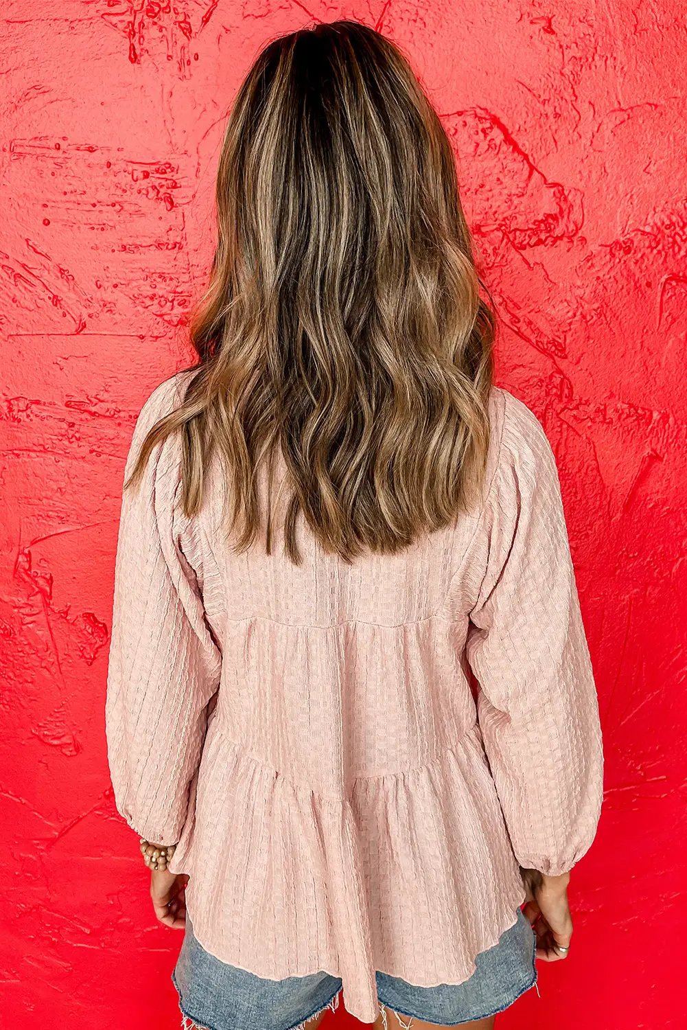 Grateful Threads Boutique Light Pink Textured Tiered Flowy Blouse - Blouses