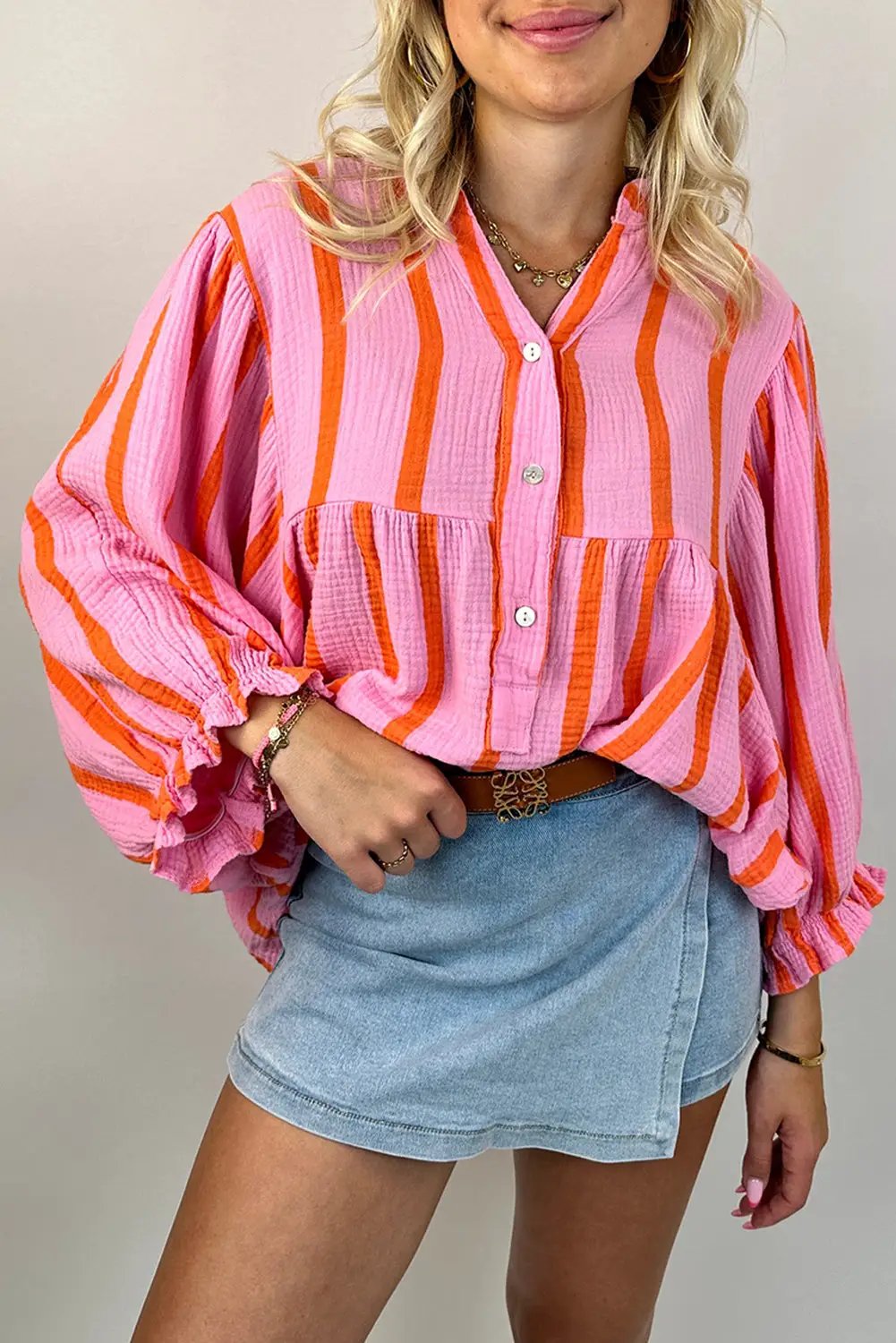 Grateful Threads Boutique Orange Striped Crinkled Gauze Ruffled Sleeve Button-Up Loose Shirt - Blouses