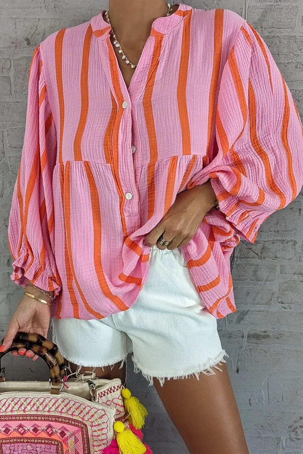 Grateful Threads Boutique Orange Striped Crinkled Gauze Ruffled Sleeve Button-Up Loose Shirt - Blouses