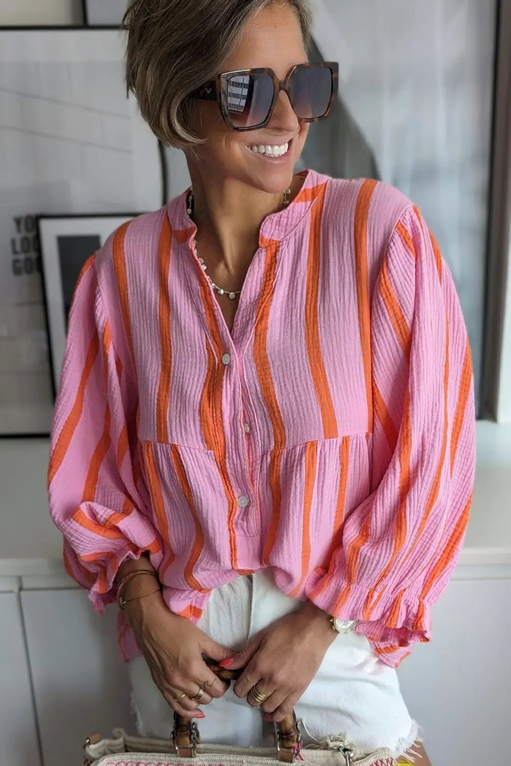 Grateful Threads Boutique Orange Striped Crinkled Gauze Ruffled Sleeve Button-Up Loose Shirt - Blouses