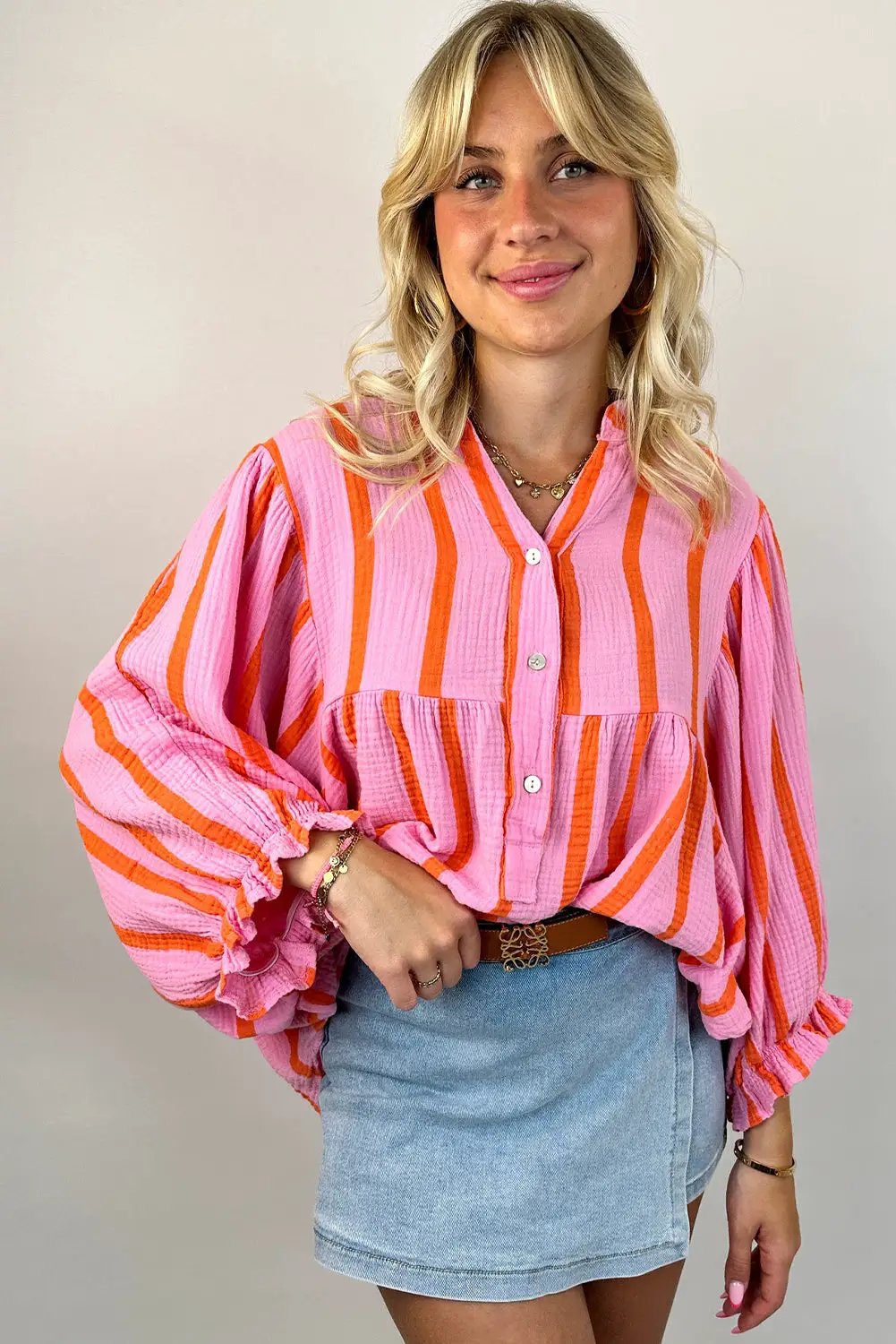 Grateful Threads Boutique Orange Striped Crinkled Gauze Ruffled Sleeve Button-Up Loose Shirt - Blouses
