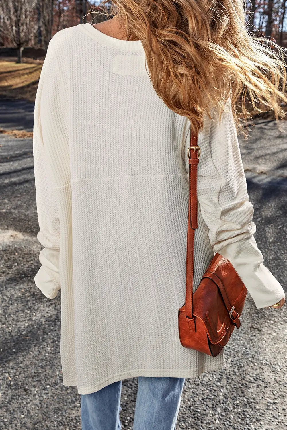 Grateful Threads Boutique Soft Serenity Oversized Waffle Knit Top - Sweaters White Waffle Knit Exposed Seam V Neck Oversized Top