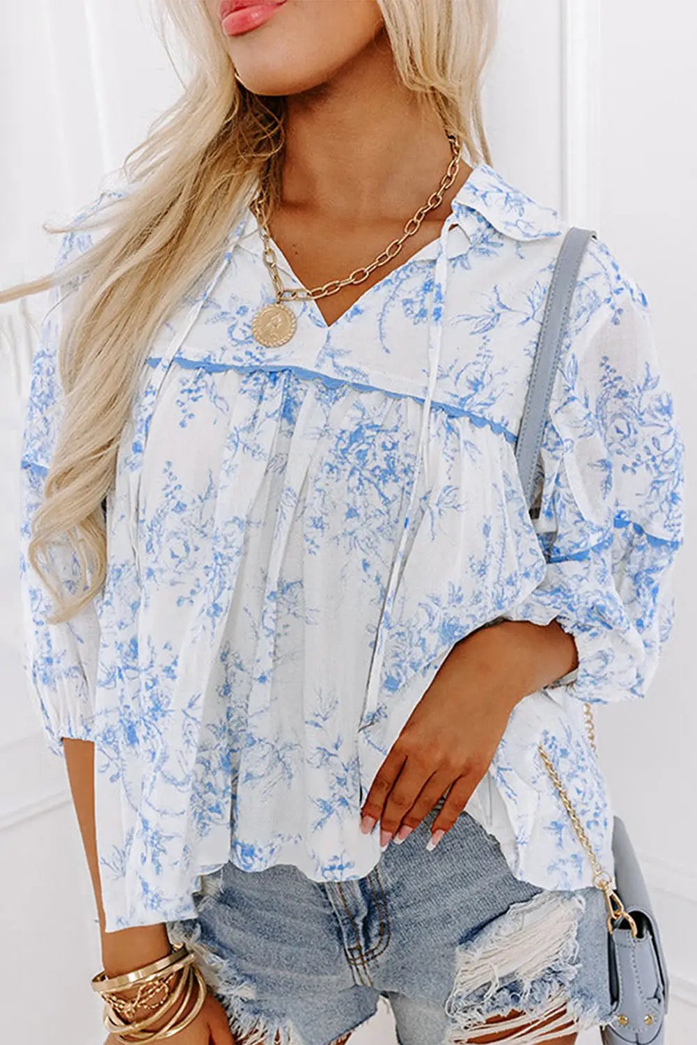 Grateful Threads Boutique Blue Floral Tied Collar Blouse - Blouses