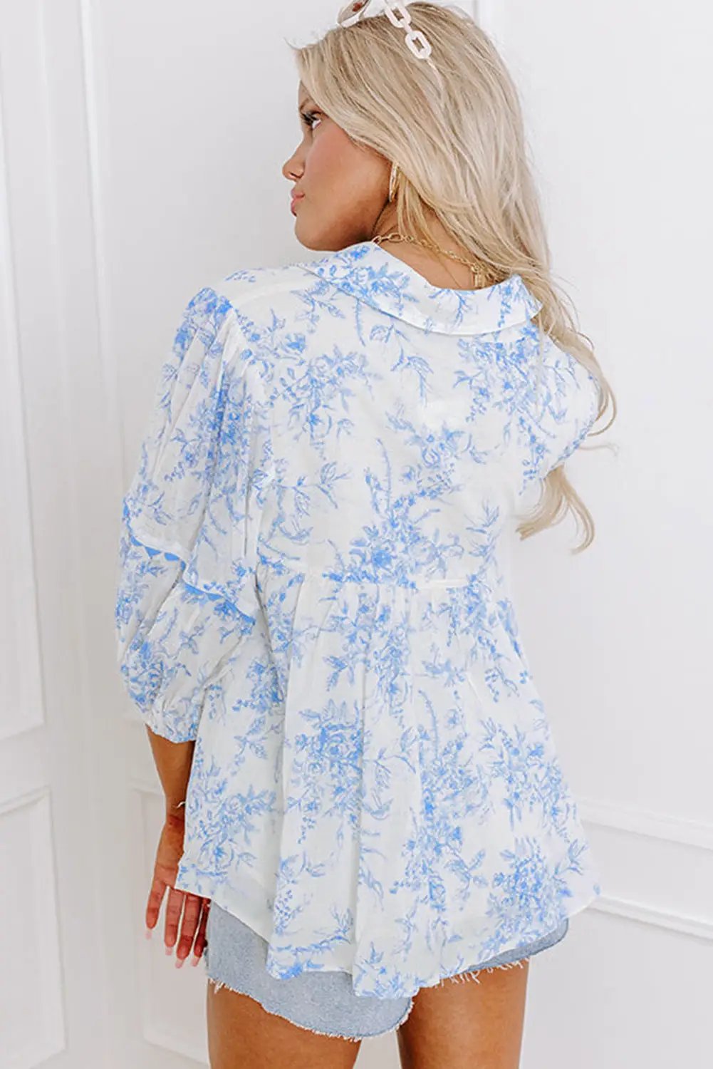 Grateful Threads Boutique Blue Floral Tied Collar Blouse - Blouses