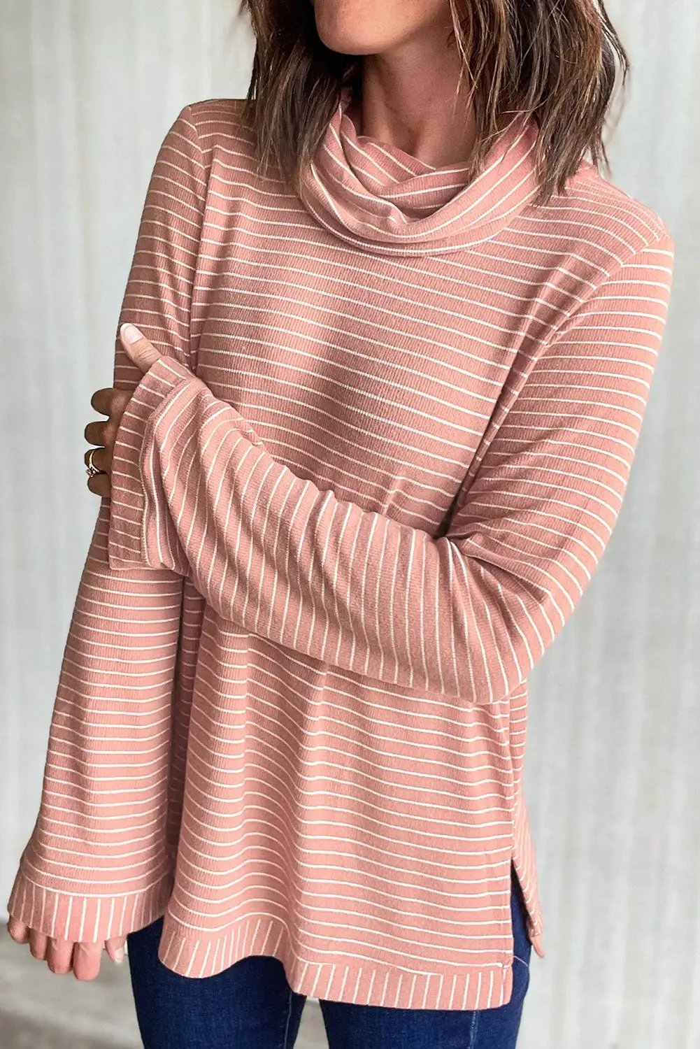 Grateful Threads Boutique Pink Stripe Cowl Neck Side Slits Loose Fit Long Sleeve Top - Tunics