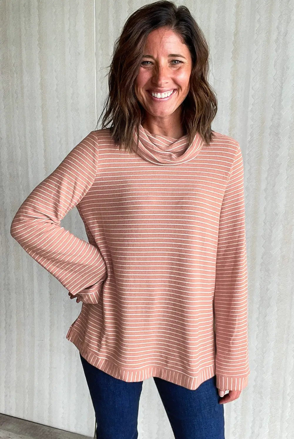 Grateful Threads Boutique Pink Stripe Cowl Neck Side Slits Loose Fit Long Sleeve Top - Tunics