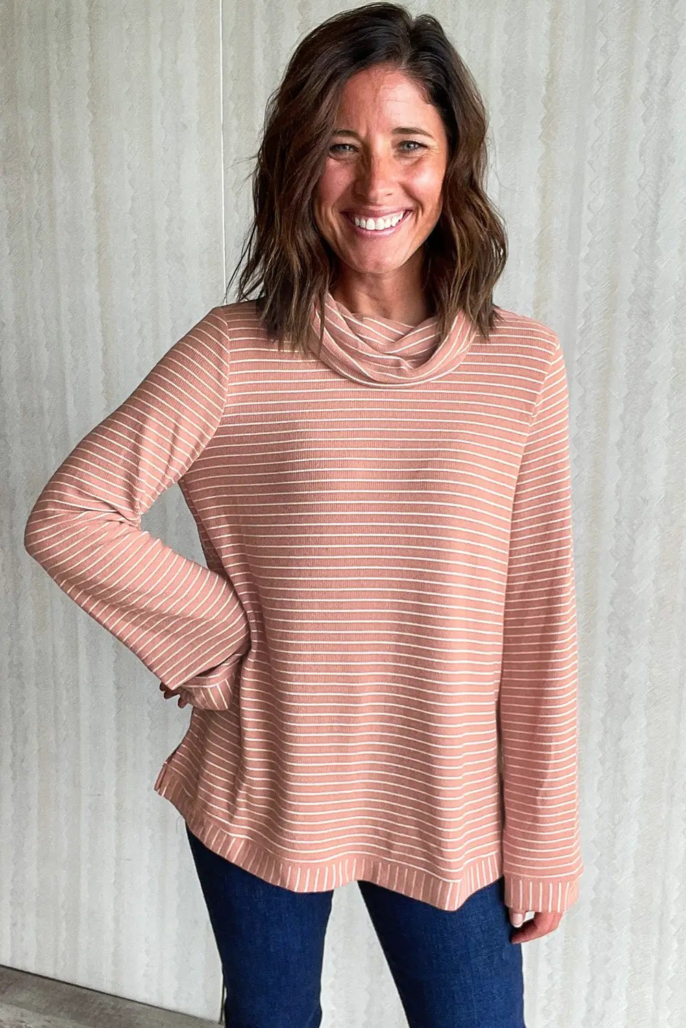 Grateful Threads Boutique Pink Stripe Cowl Neck Side Slits Loose Fit Long Sleeve Top - Tunics