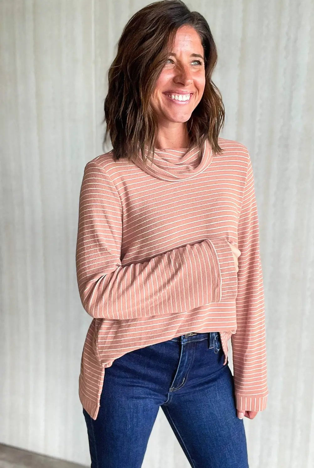 Grateful Threads Boutique Pink Stripe Cowl Neck Side Slits Loose Fit Long Sleeve Top - Tunics