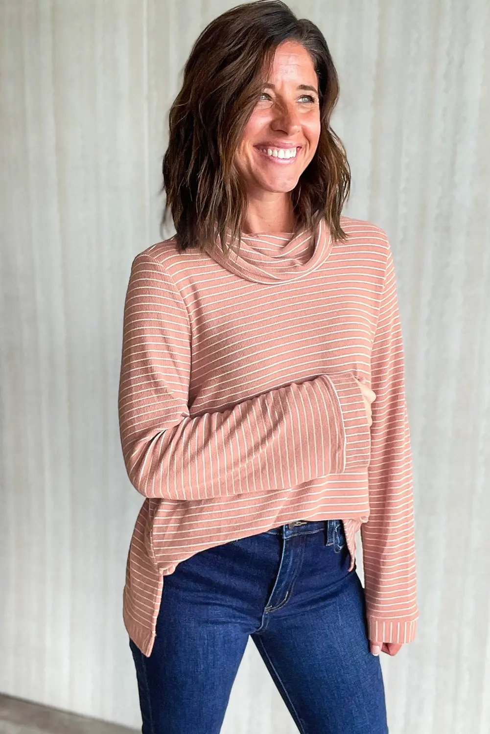 Grateful Threads Boutique Pink Stripe Cowl Neck Side Slits Loose Fit Long Sleeve Top - Tunics
