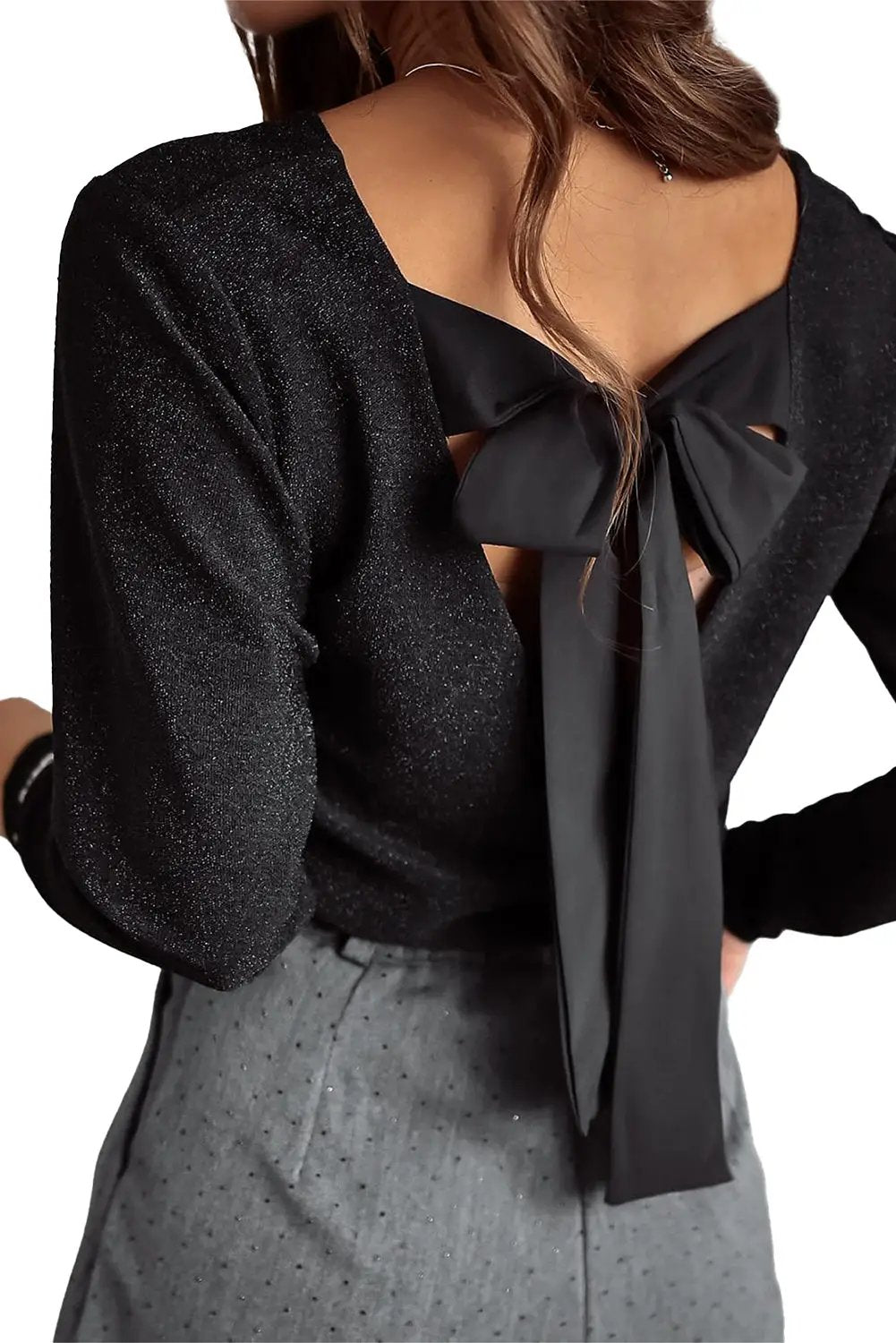 Grateful Threads Boutique Black Metallic Bowknot Open Back Top - Clothing Tops