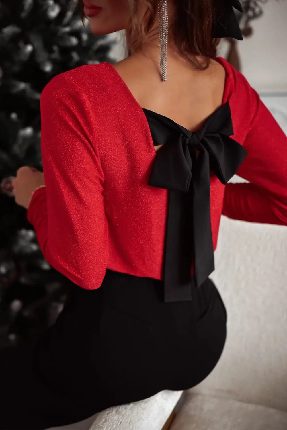 Grateful Threads Boutique Racing Red Metallic Bowknot Open Back Top - Clothing Tops