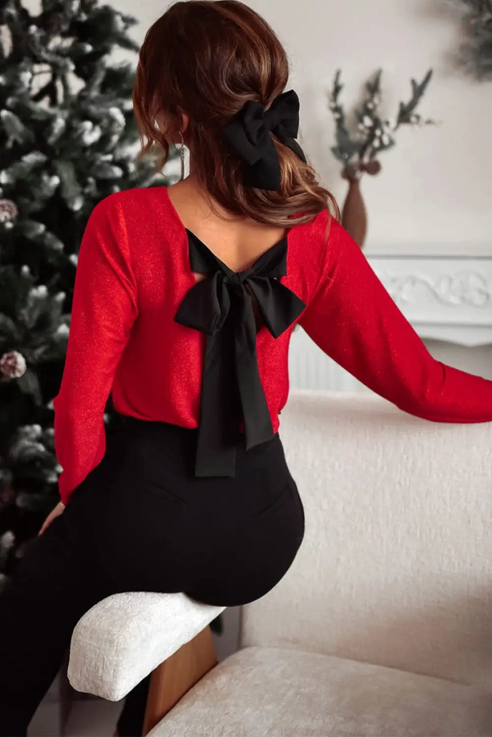 Grateful Threads Boutique Racing Red Metallic Bowknot Open Back Top - Clothing Tops