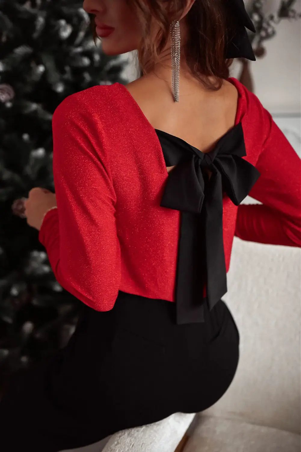 Grateful Threads Boutique Racing Red Metallic Bowknot Open Back Top - Clothing Tops