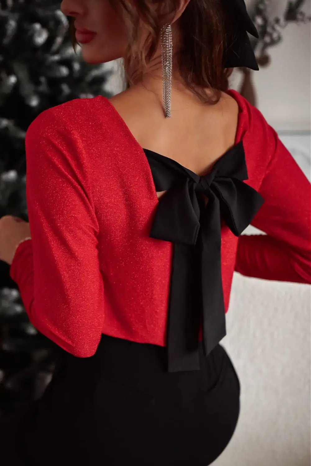 Grateful Threads Boutique Racing Red Metallic Bowknot Open Back Top - Clothing Tops