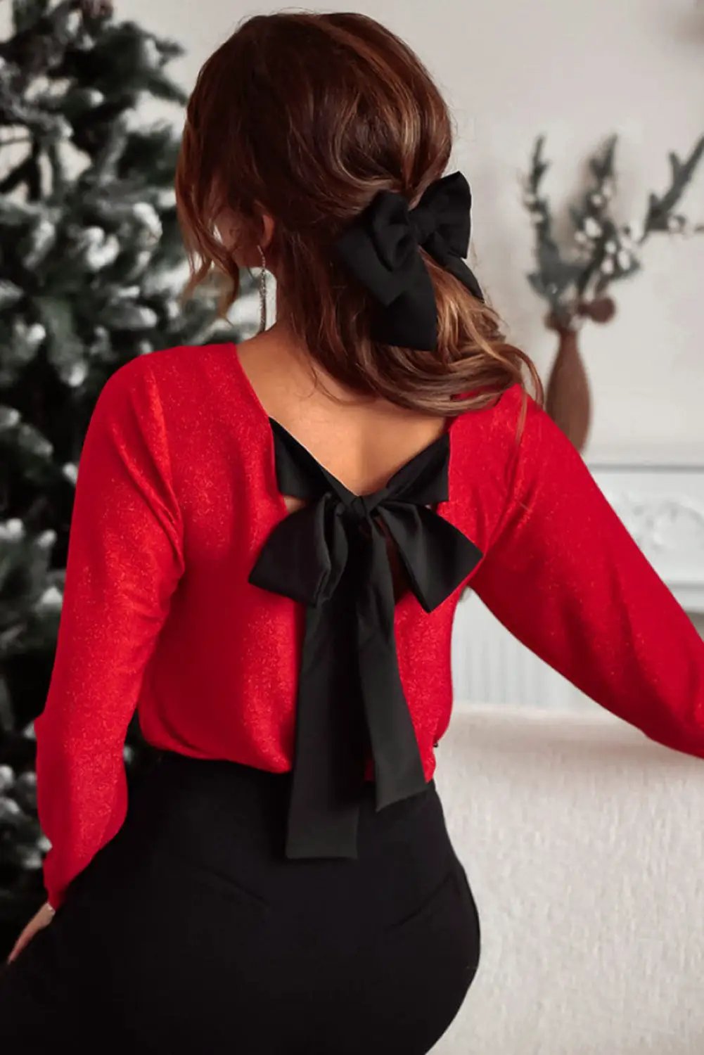 Grateful Threads Boutique Racing Red Metallic Bowknot Open Back Top - Clothing Tops