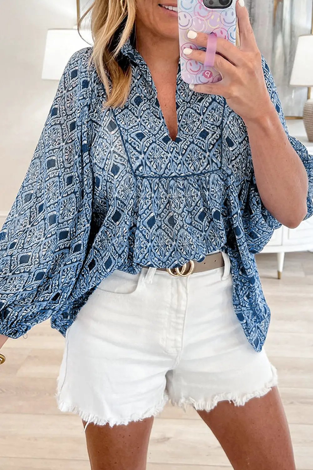 Grateful Threads Boutique Blue western Geometric Print Frilled Loose Fit Blouse - Blouses