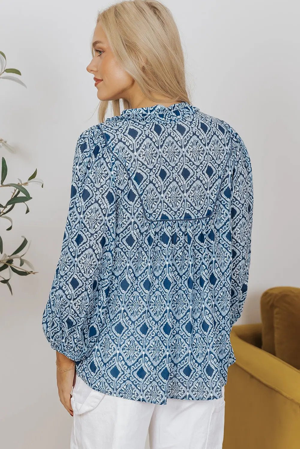 Grateful Threads Boutique Blue western Geometric Print Frilled Loose Fit Blouse - Blouses